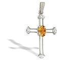 14K White Gold Genuine Oval Citrine and Diamond Cross Pendant
