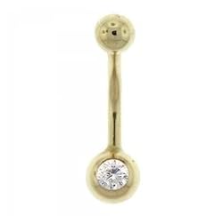 Round CZ Gem Belly Ring Barbell in Solid Yellow Gold