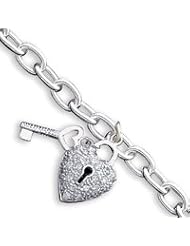 Sterling Silver CZ Heart & Key Open Link Bracelet QG751-7.5"