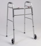 Walking Aid with Wheels - This medical geriatric walker with wheels has a dual button to fold. Weight capacity 300 pounds. This functional lightweight aluminum walker is adjustable in 1 increments. .