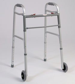 Walking Aid with Wheels - This medical geriatric walker with wheels has a dual button to fold. Weight capacity 300 pounds. This functional lightweight aluminum walker is adjustable in 1