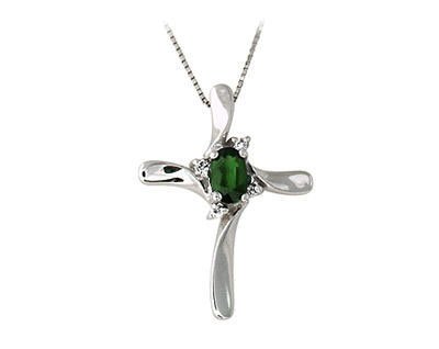 Emerald Cross Diamond Pendant 14k White Gold