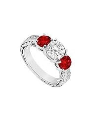 Three Stone Ruby and Diamond Ring : 14K White Gold - 1.25 CT TGW