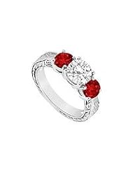 Three Stone Ruby and Diamond Ring : 14K White Gold - 1.25 CT TGW