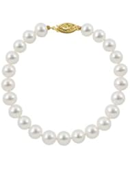 14K Yellow Gold 7-7.5mm AAA Quality White Freshwater Pearl Strand Bracelet, 8 Inch