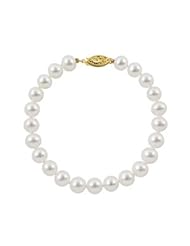 14K Yellow Gold 7-7.5mm AAA+ Quality White Freshwater Pearl Strand Bracelet, 7 Inch
