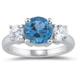 0.20 Cts Diamond & 0.52 Cts Swiss Blue Topaz Three Stone Ring in 14K White Gold