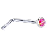 Solid 14KT White Gold 2mm Brilliant Pink Synthetic Opal L-Shaped Nose Ring - 20 Gauge