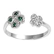 Sterling Silver Fashion Toe Ring - Heart Clover with Emerald and Clear CZs - 2mm Band Width