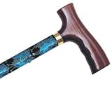 Folding Cane - Blue Peacock. This Walking Cane has push button height adjustment and a weight capacity of 250 lbs. Comfortable Fritz Handle is designed for arthritis sufferers.