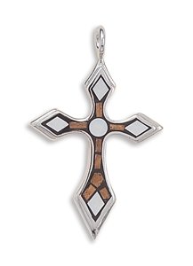 Wood and Mother of Pearl Mosaic Cross Pendant