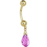 Solid 14KT Yellow Gold PINK Swarovski Crystal Drop Belly Ring