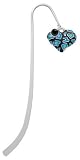 Hot Blue Enamel Cheetah Print Heart Silver Plated Charm Bookmark with Jet Black Swarovski Drop