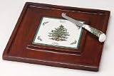Spode Christmas Tree Cracker & Cheese Wood Tray with Knife, 12 x 12