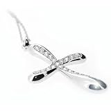 Image of Curved Cubic Zirconia and Sterling Silver Cross Necklace