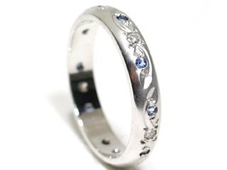 Sapphire and Diamond Hand Engraved 18kw White Gold Ring Size 5.25 Ctw 0.25