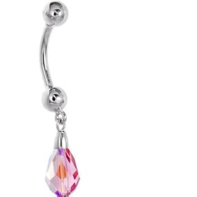 Solid 14KT White Gold PINK Swarovski® Crystal Drop Belly Ring