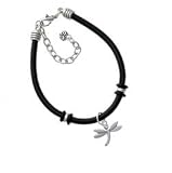 Small Silver Dragonfly with Swarovski Crystal - Silver Plated Black Rubber Ch...