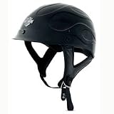 Harley Davidson Men's Midnight Flame II Half Helmet. Constructed of a lightweight aerodynamic Aramid and fiberglass shell that features an exclusive shape with molded flames. Other features include a removable shortie visor, quick release pull tab on the D-ring, Bar & Shield logon on the front, CoolMax removable liner (replacement liner, visor and clear, smoked and tinted shields are all available). Helmet bag is included. Meets DOT requirements. KBC, 1 lb. 13 oz. 97226-07VX.
