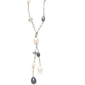 14k White Gold, Aquamarine, Black and White Freshwater Pearl Necklace- 16+2 by Element Jewelry & Accessories