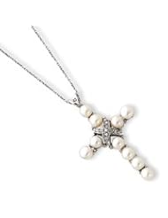 Sterling Silver CZ and Freshwater Pearl Cross Necklace - QG2111-16"