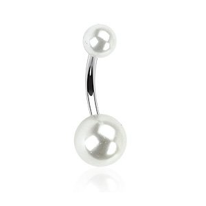White Faux Pearl Belly Button Ring Silver Bar - Faux Pearl Navel Ring (1pc)