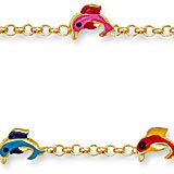 Jewelco London 9ct Solid Gold Childs Belcher Bracelet With Multi coloured Enamelled Dolphin Charms 19g