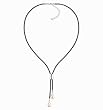 Peach Pink Cultured Pearl Leather Lariat Necklace w. Silver Crystal Bar Slider