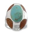 .925 Silver, Turquoise and Coral Ring, Sizes 6-8