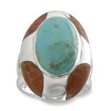.925 Silver, Turquoise and Coral Ring, Sizes 6-8