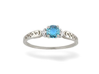 14K White Gold Genuine Round Blue Topaz and Diamond Ring