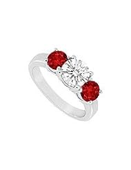 Three Stone Ruby and Diamond Ring : 14K White Gold - 1.50 CT TGW
