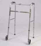 Folding Walker - This medical geriatric walker with wheels has a single button to fold. Weight capacity 250 pounds. This functional lightweight aluminum walker is adjustable in 1 increments.