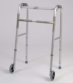 Folding Walker - This medical geriatric walker with wheels has a single button to fold. Weight capacity 250 pounds. This functional lightweight aluminum walker is adjustable in 1