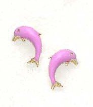 14k Yellow Pink Enamel Childrens Dolphin Screw Back Earrings