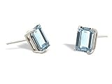 14K White Gold Genuine Emerald-cut Aquamarine Stud Earrings