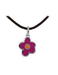 Silver Enameled Flower Pendant Leather Cord Necklace For Kids & Teens (16 in)