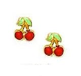 14k Yellow Red Enamel Childrens Cherry Screw-Back Earrings