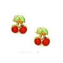 14k Yellow Red Enamel Childrens Cherry Screw-Back Earrings