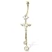 14K solid yellow gold navel ring with winged heart-shaped CZ and two dangling gems