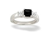 14K White Gold Genuine Square Black Onyx and Diamond 3-Stone Ring