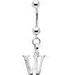 Solid 14k White Gold Cz Initial W Belly Ring