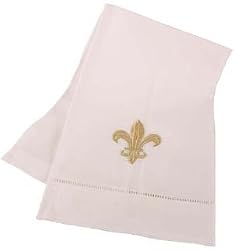 White Fingertip or Guest Towel with Beige Fleur de Lis Embroidery 14 by 22 inches