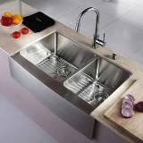 Kraus KHF203-33-KPF1622-KSD30CH 33 inch Farmhouse Double Bowl Stainless Steel Kitchen Sink with Chrome Kitchen Faucet and Soap Dispenser