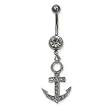 Stainless Steel Belly Ring with Clear Australian Crystals - Dangling anchor 14g/5mm ball