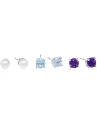 Sterling Silver White Chinese Freshwater Cultured Pearl (4.5-5mm), African Amethyst and Sky Blue Topaz Stud Earrings Set