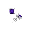 Sterling Silver Stud Earrings with Amethyst Color Crystal - Princess Cut Prong Set - 4mm
