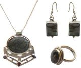 ShalinCraft Earring and Pendant Sets Sterling Silver With Labradorite Gemstones Jewelry Hand Engraved Indian Style 41 gms.