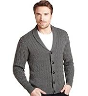 2" Longer Blue Harbour Pure Cotton Shawl Collar Cable Knit Cardigan