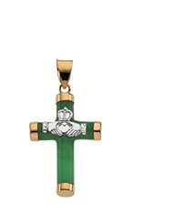 14K Yellow Gold and Green Jade Round Claddaugh Cross Pendant